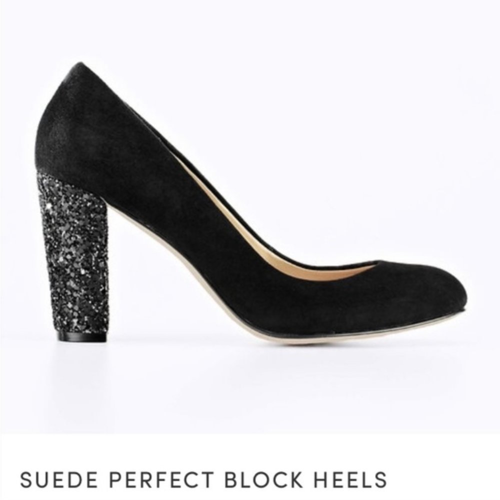 Ann Taylor Black Suede Perfect Block Glitter Heels